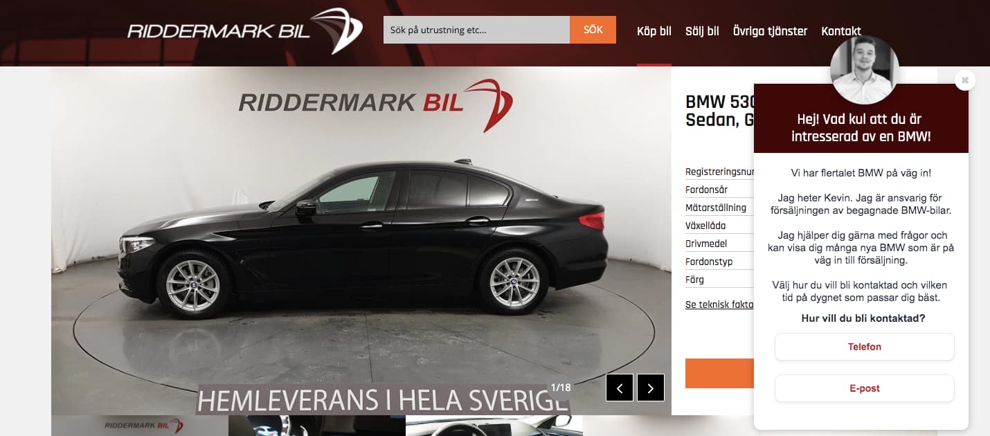 Live chat on Riddermark Bil website