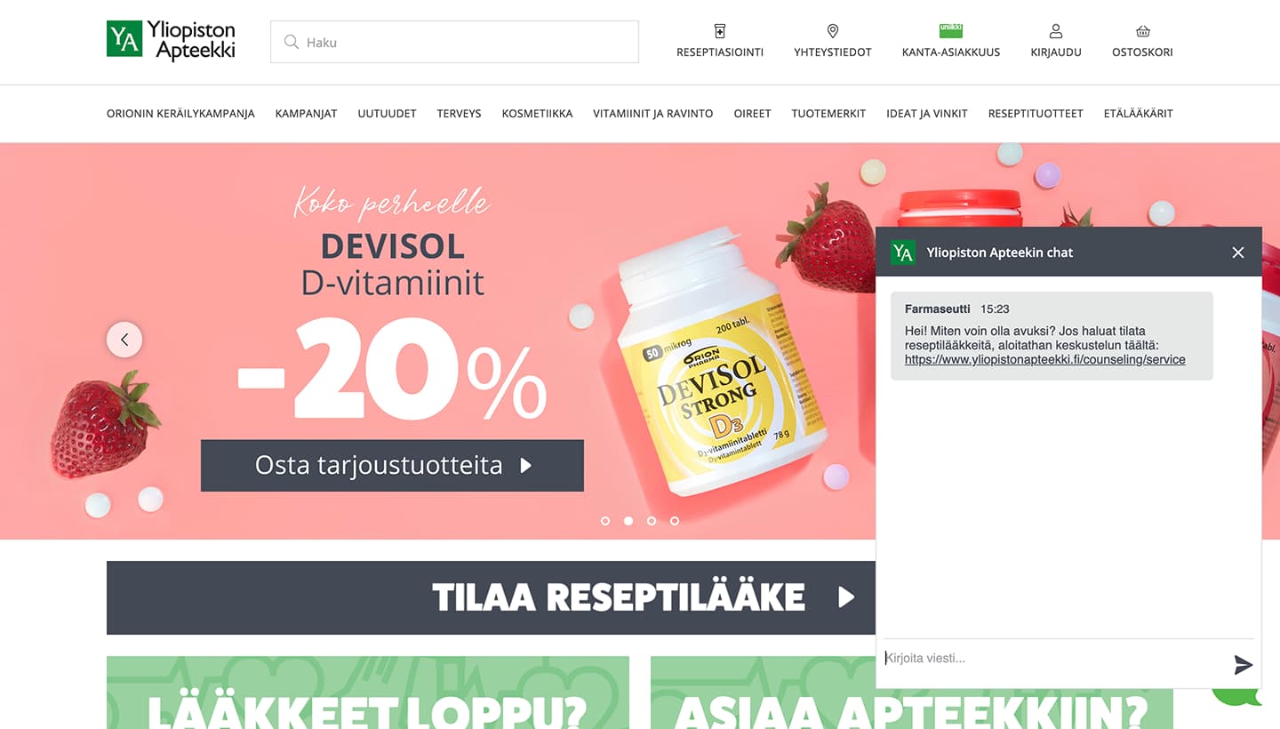 Live chat on Yliopiston Apteekki online store